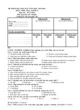 Đề kiểm tra học kì I - Năm học 2015-2016 môn  sinh học , khối 8